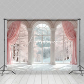 Aperturee - Aperturee Pink Curtain Forest White Arch Window Photo Backdrop